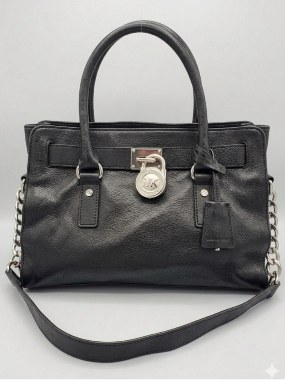 Michael Kors Black Leather Handbag with Silver Chain